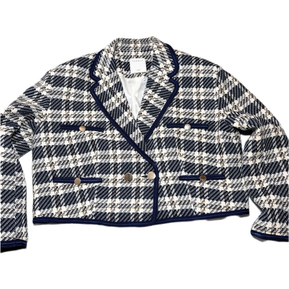Sandro Paris Cropped Blazer Jacket In Checked Tweed FR 42/ US 10 Textured Plaid - Picture 3 of 15